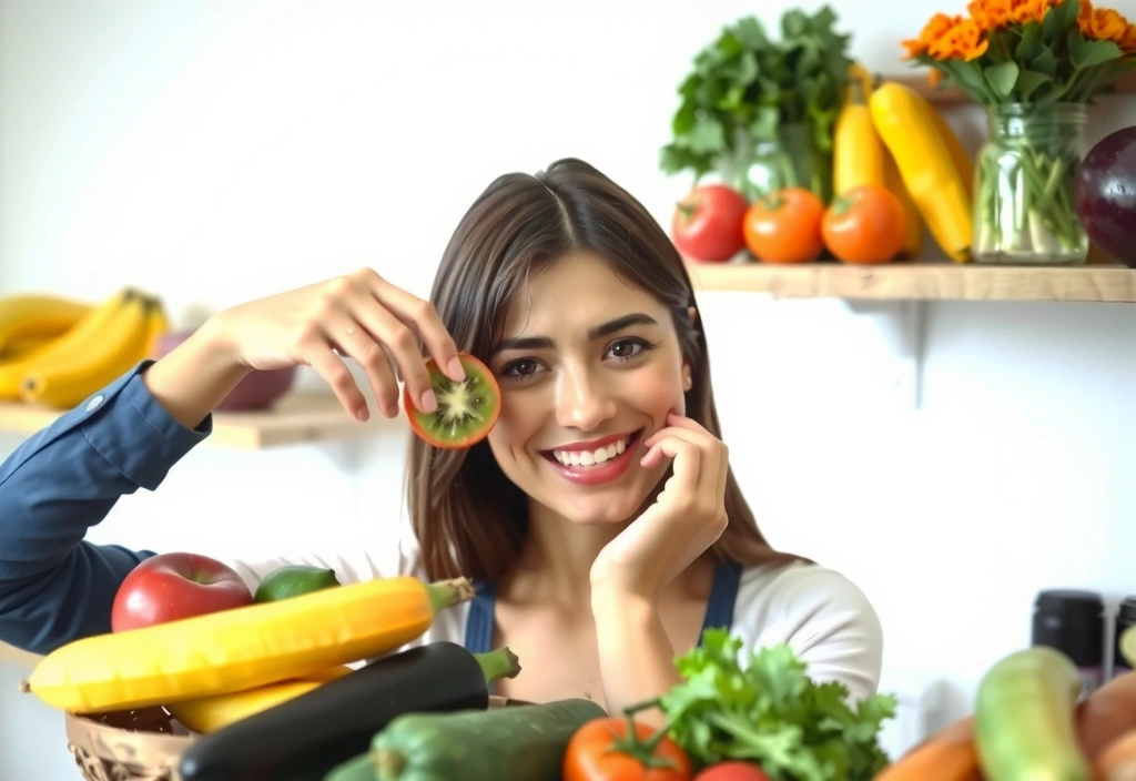 Femeie zâmbind, consumând fructe proaspete, ilustrând beneficiile vitaminelor