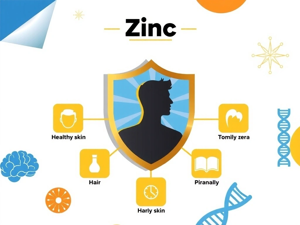 Infografic stilizat cu beneficiile zincului, ilustrând sistemul imunitar, pielea, părul și creierul