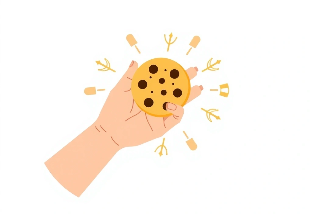 Ilustrație cu o mână care ține un cookie digital, simbolizând politica de cookie-uri și confidențialitatea online
