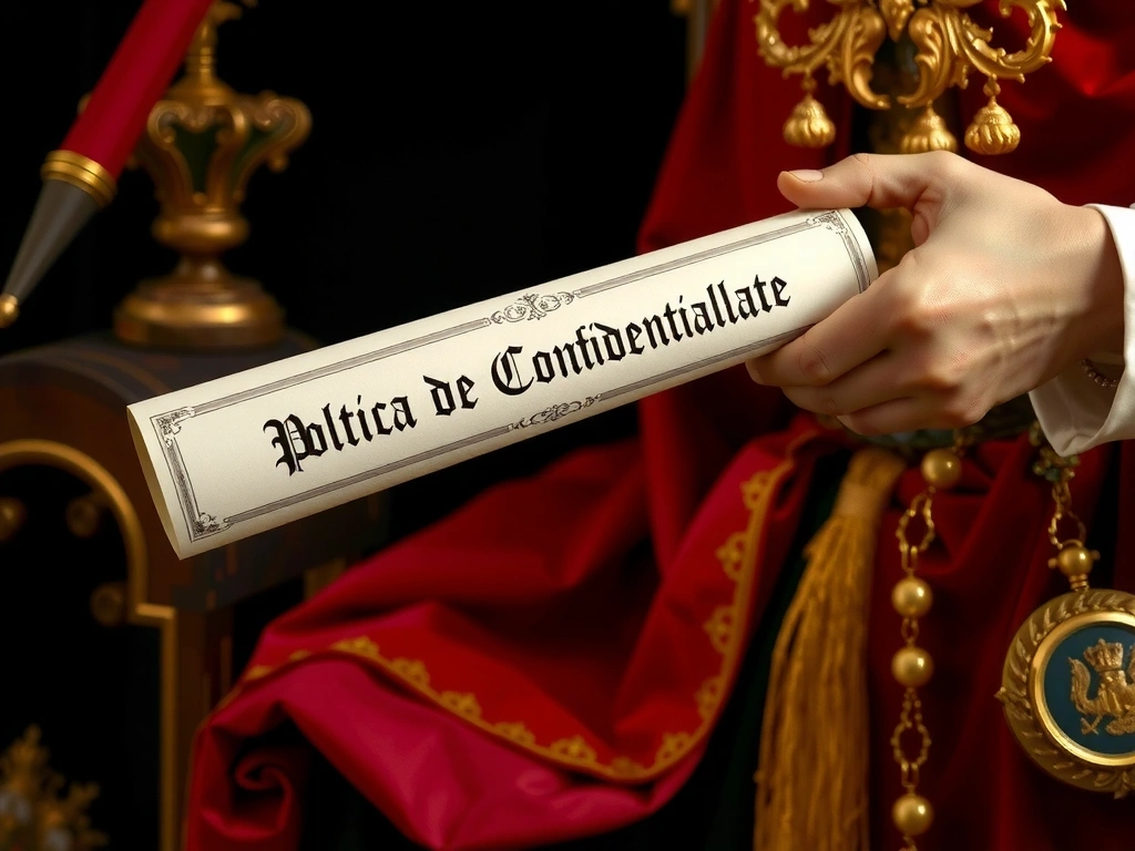 Mână regală ținând un pergament cu textul Politica de Confidențialitate