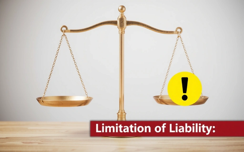 Imagine metaforică cu o balanță și un semn de exclamare, reprezentând limitarea responsabilității.